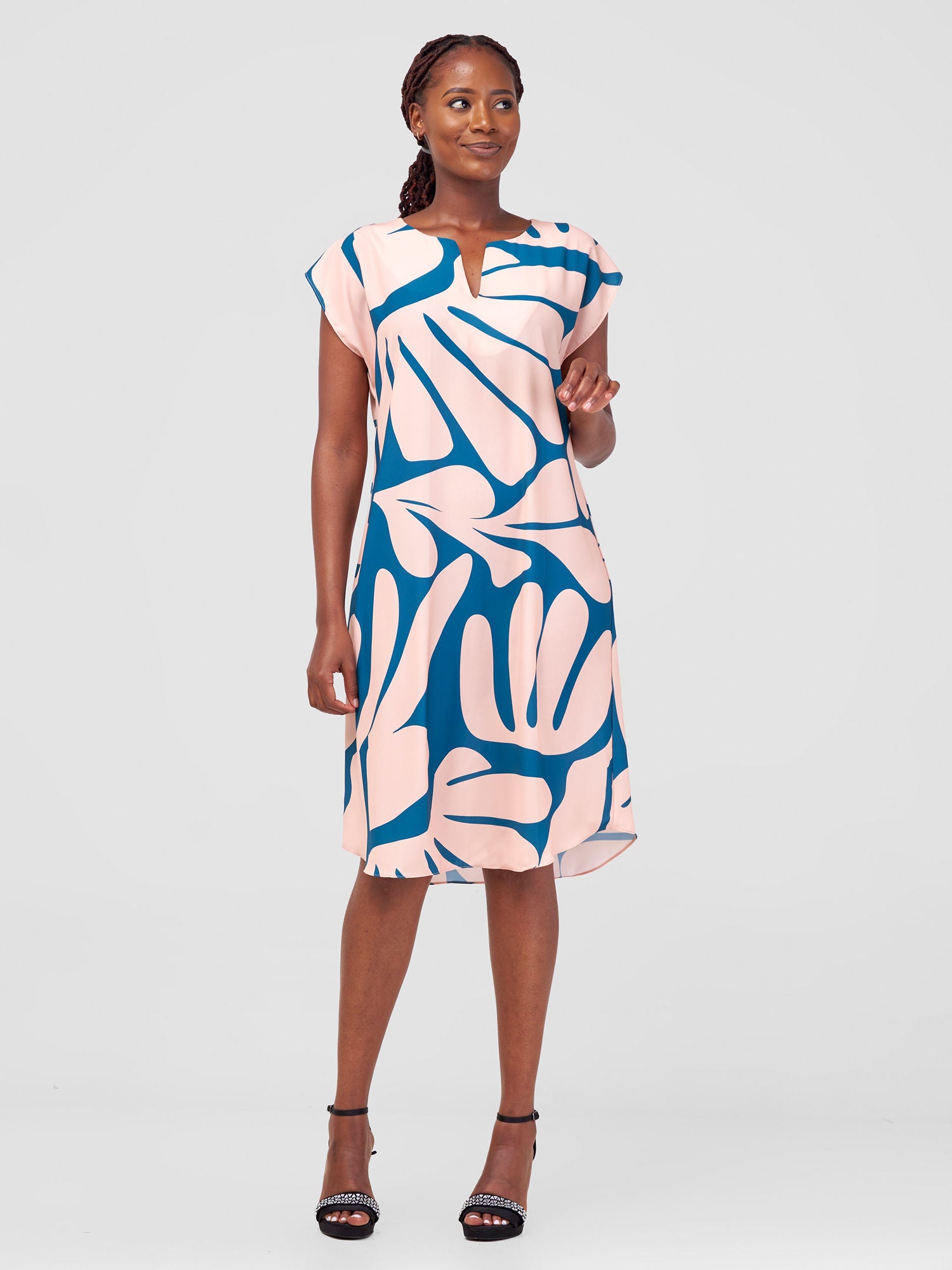 Vivo Shaa Sleeveless Knee Length Dress - Navy / Beige Print
