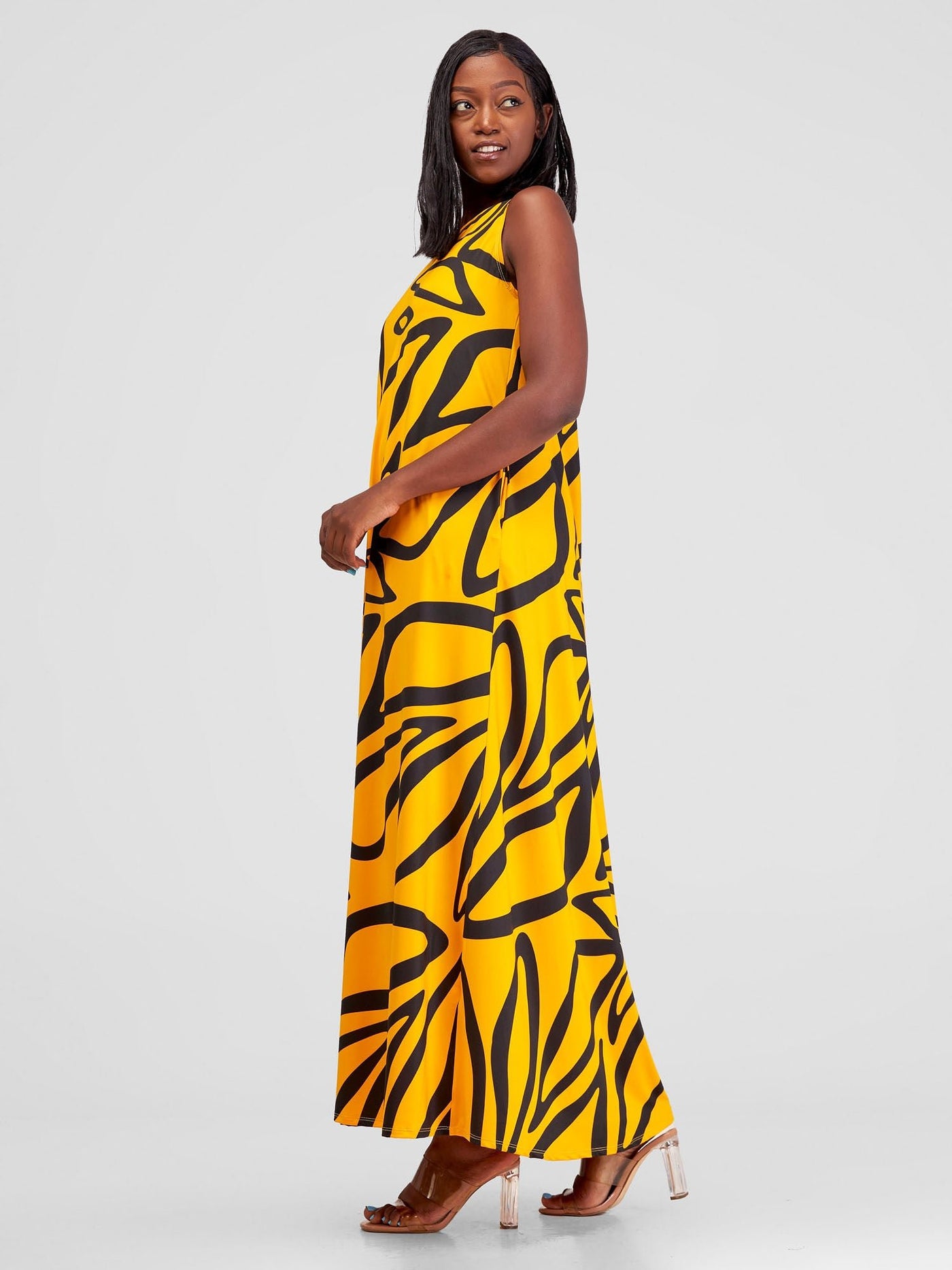Vivo Lumi Back Pleat Maxi Dress - Yellow / Black Print - Shopzetu