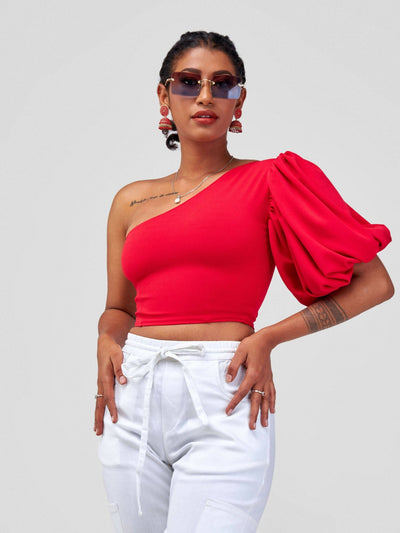 Chic Clique One Hand Ruffle Sleeve Top - Red - Shopzetu