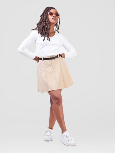Anika Belted Pleated Skirt - Light Brown - Shopzetu