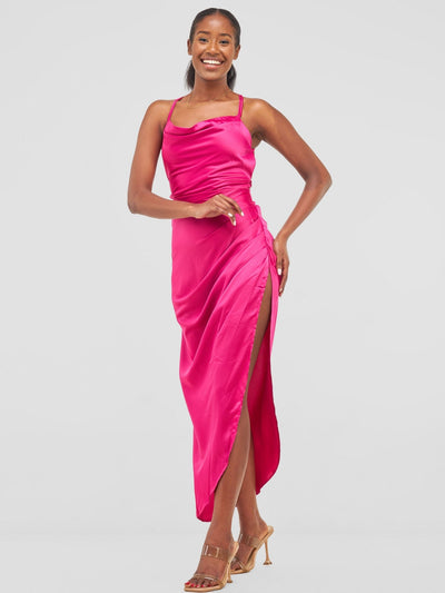 Lola Backless Strappy Satin Dress With High Side Slit - Hot Pink - Shopzetu