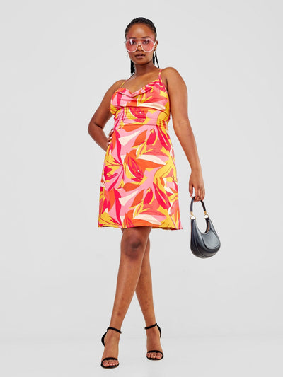 Zoya Party Cowl Bare Back Mini Dress - Taupe / Pink Waridi Print - Shopzetu
