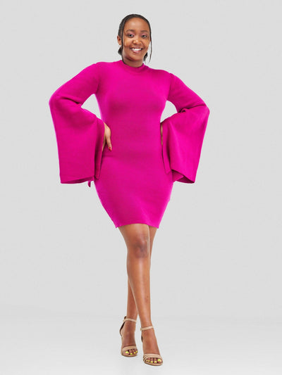 Anel's Knitwear Slitted Sleeve Dress – Hot Pink - Shopzetu