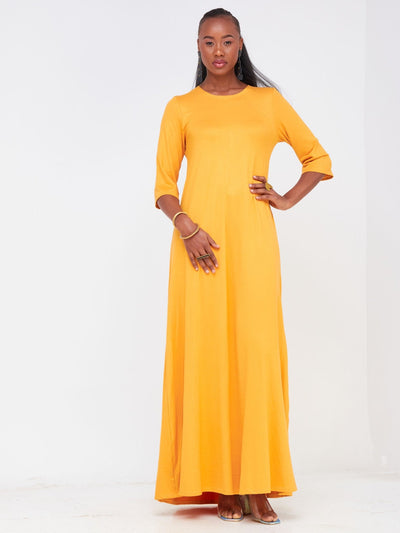 Vivo Basic Julia 3/4 Sleeve Back Pleat Maxi Dress - Mustard - Shopzetu