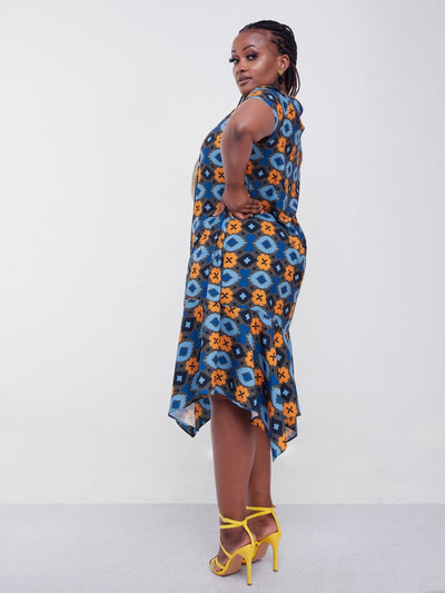 Vivo Jasiri Cap Sleeve Handkerchief Drape Knee Length Dress - Mustard / Brown Print - Shopzetu
