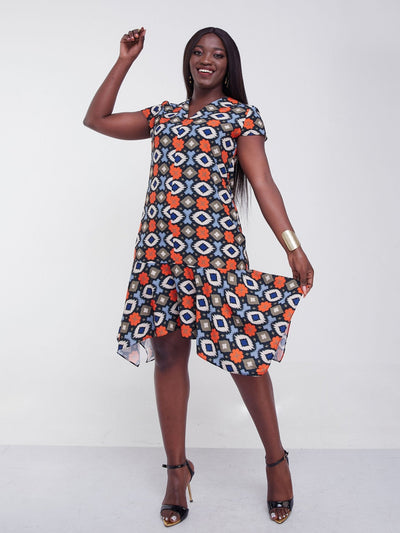 Vivo Jasiri Cap Sleeve Handkerchief Drape Knee Length Dress - Orange / Brown Print - Shopzetu
