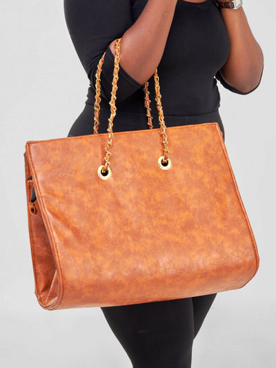 Kay Designs Round Base Chained Leather Handbag - Brown - Shopzetu