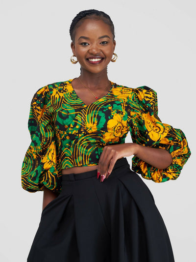 African Yuva Lila African Print Wrap Top - Green / Yellow - Shopzetu