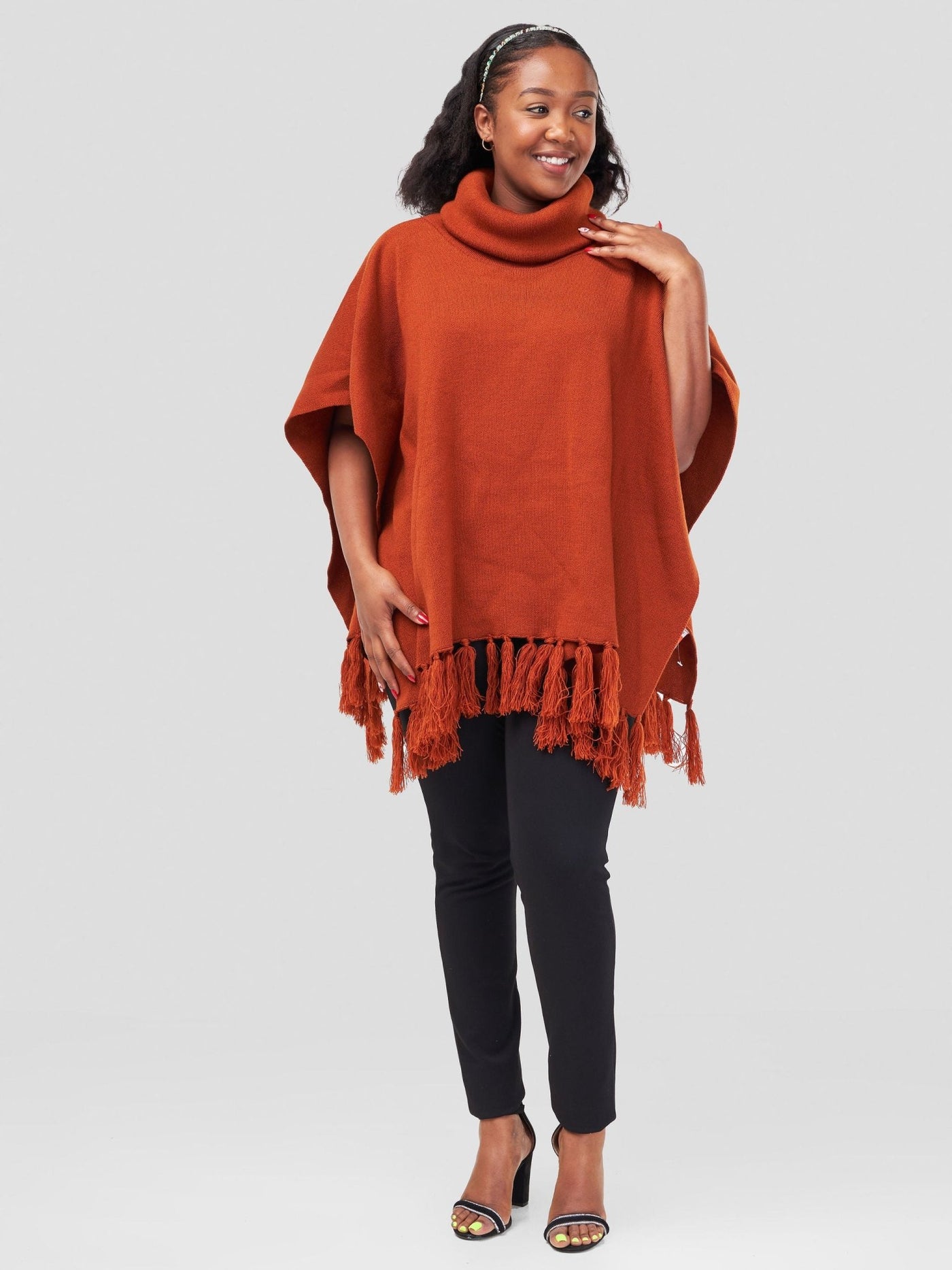 Vivo Turtleneck Knit Fringe Poncho - Rust - Shopzetu