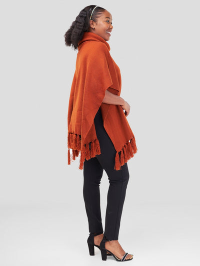 Vivo Turtleneck Knit Fringe Poncho - Rust - Shopzetu