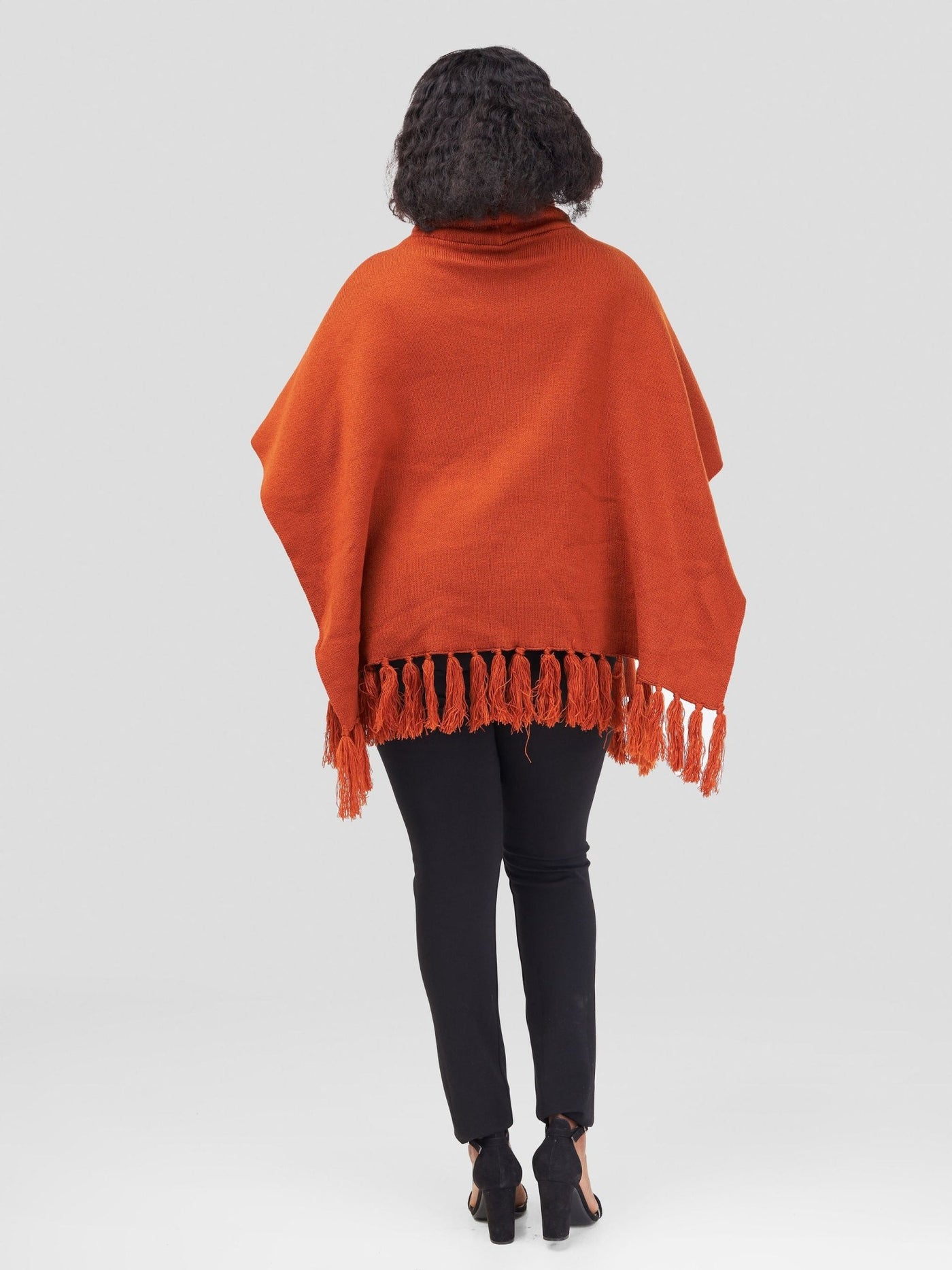 Vivo Turtleneck Knit Fringe Poncho - Rust - Shopzetu