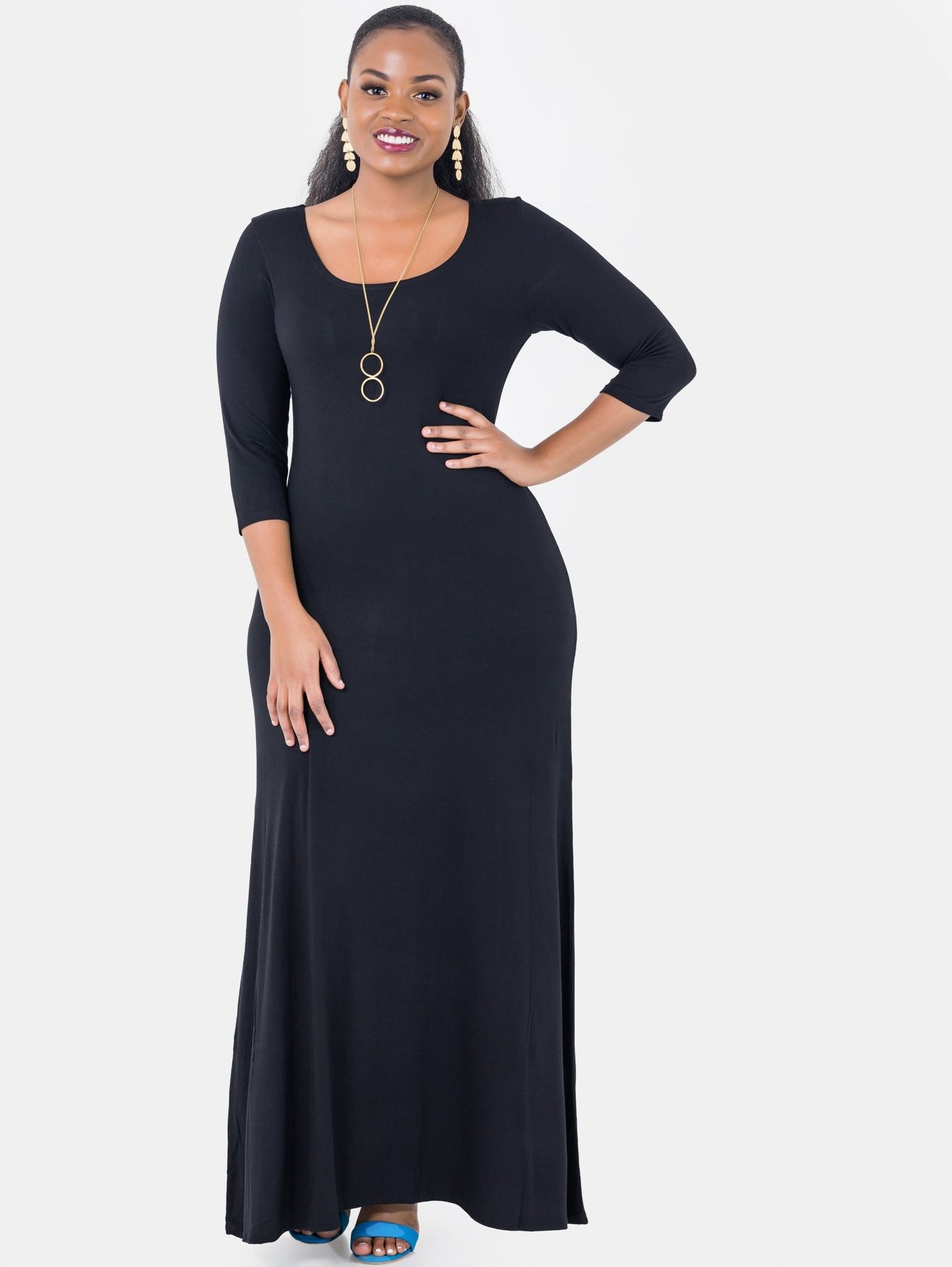 Vivo Basic 3/4 Sleeve A - Line Maxi Dress - Black - Shopzetu