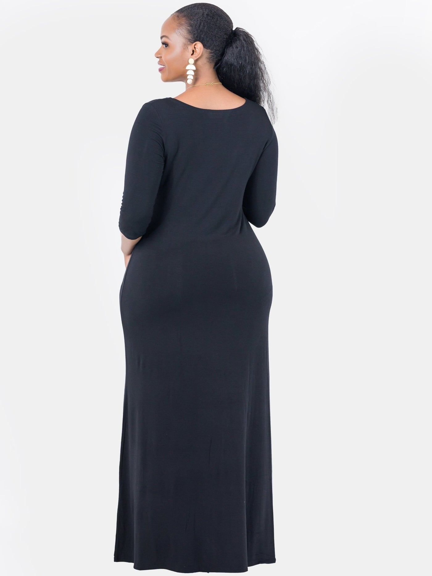 Vivo Basic 3/4 Sleeve A - Line Maxi Dress - Black - Shopzetu