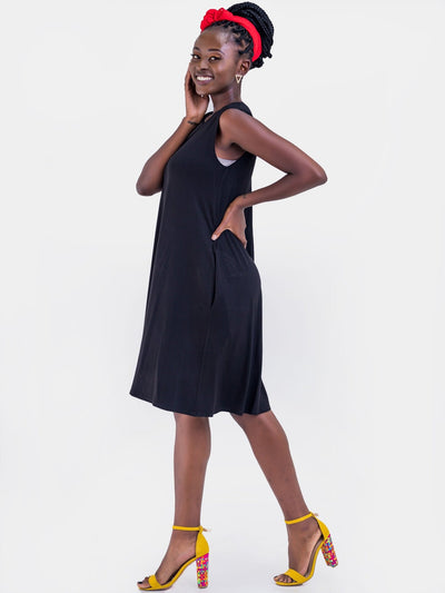 Vivo Basic Julia Back Pleat Knee Length Dress - Black - Shopzetu