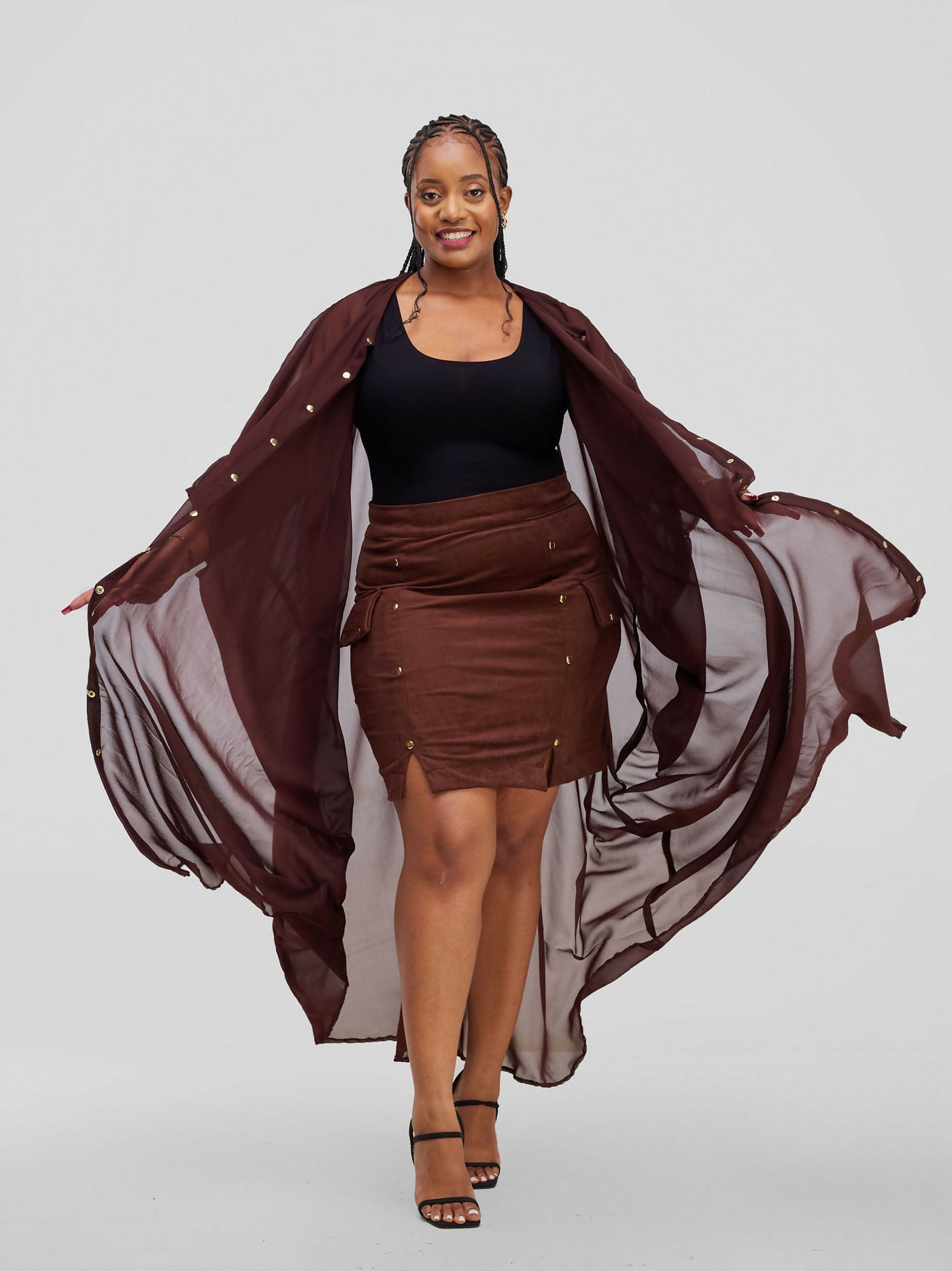 Vazi Afriq Buttoned Chiffon Kaftan Dress - Brown