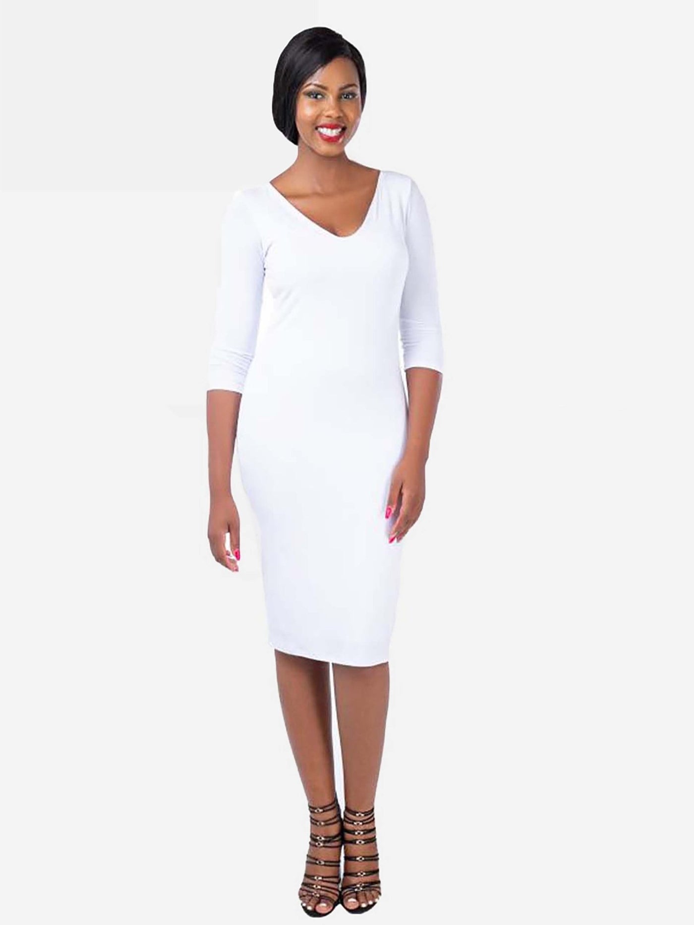 Vivo Basic 3/4 Sleeve Double Layered Bodycon Dress - White - Shopzetu