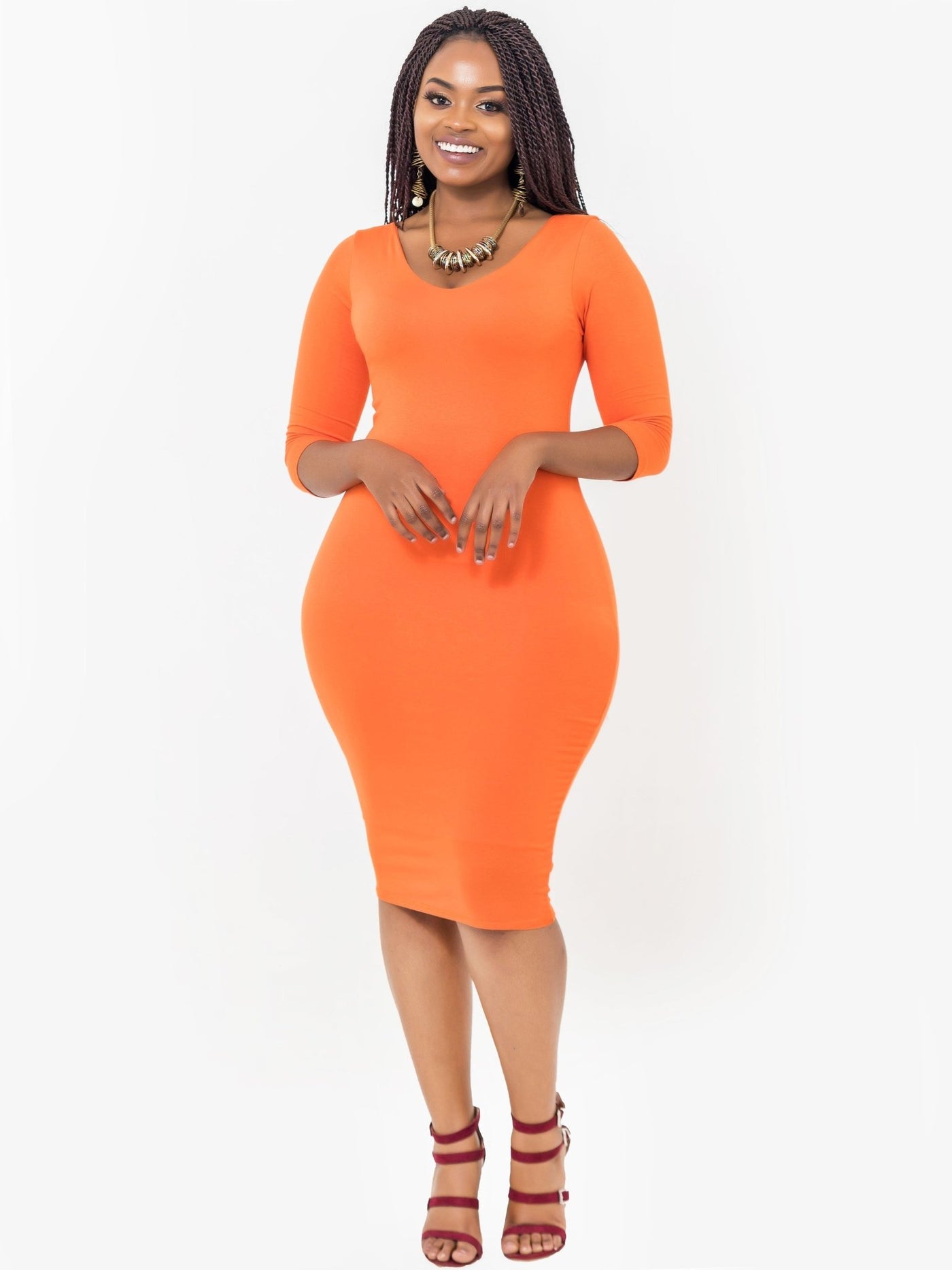 Vivo Basic 3/4 Sleeve Double Layered Bodycon Dress - Orange - Shopzetu