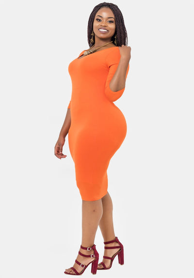 Vivo Basic 3/4 Sleeve Double Layered Bodycon Dress - Orange - Shopzetu