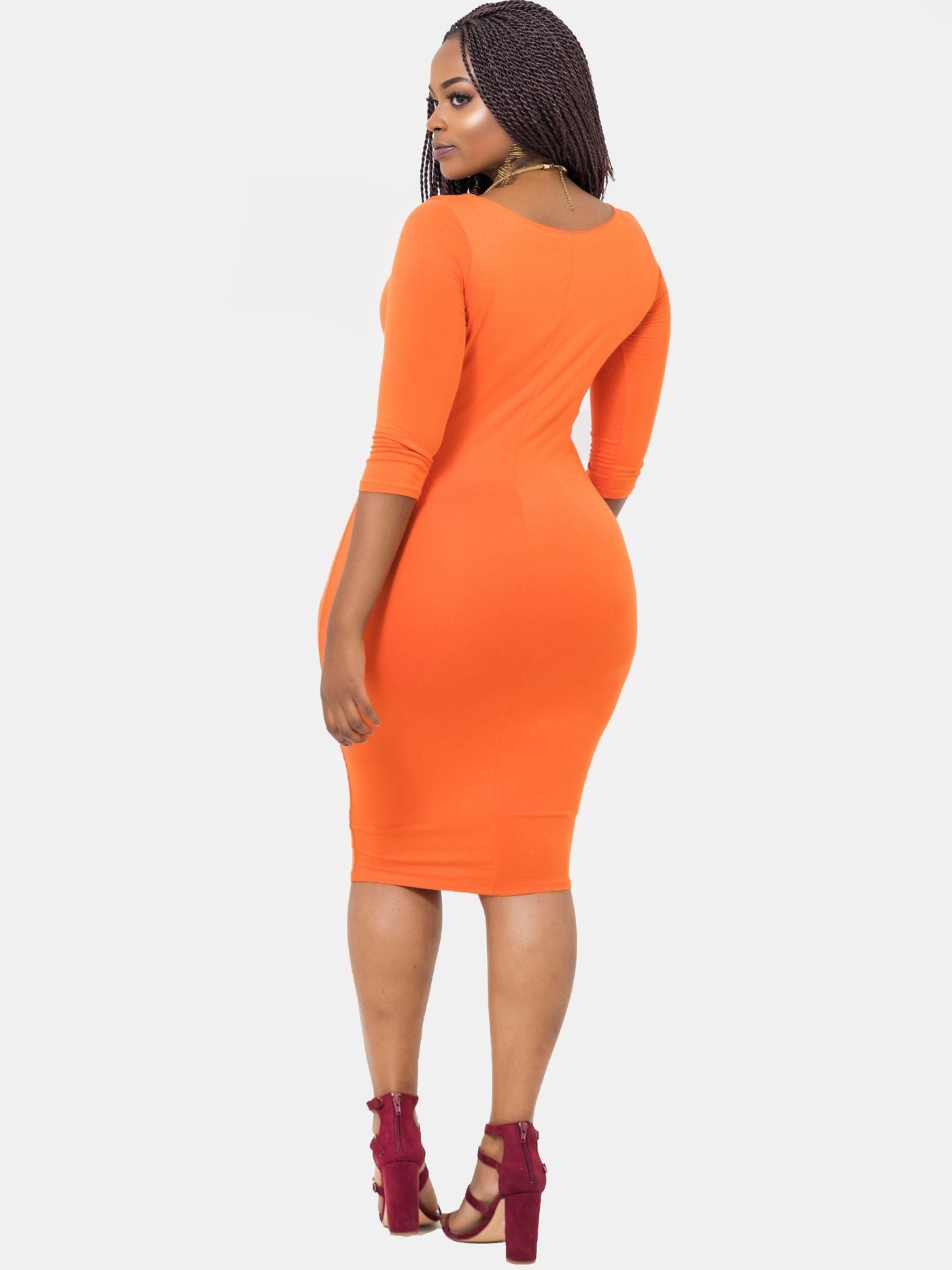 Vivo Basic 3/4 Sleeve Double Layered Bodycon Dress - Orange - Shopzetu