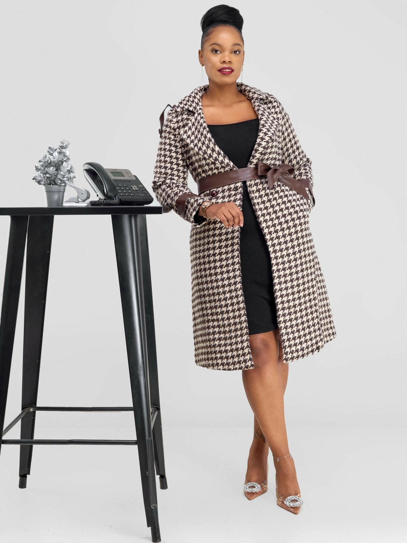 Stylish Sisters Houndstooth Trench - Coat Jacket - Brown / White - Shopzetu