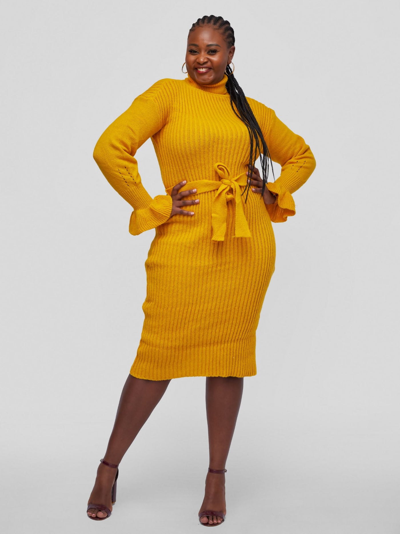 Tuli Nashua Turtle Neck Sweater Dress - Mustard - Shopzetu