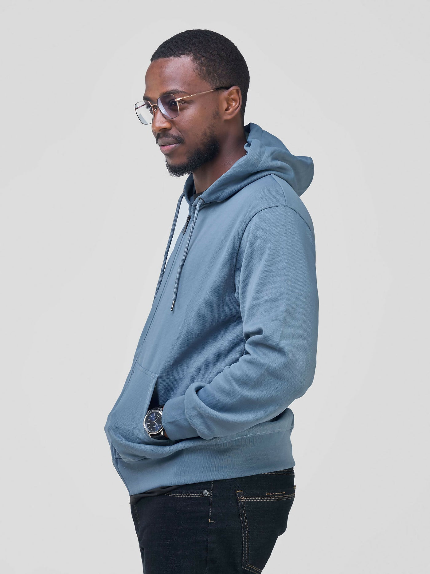 Round Neck With Zip Hoodie - Stone Blue - Shopzetu