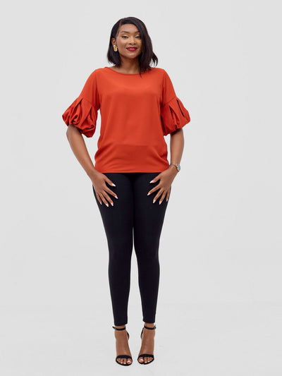 Vivo Basic Boundneck Puff Sleeve Top - Rust - Shopzetu