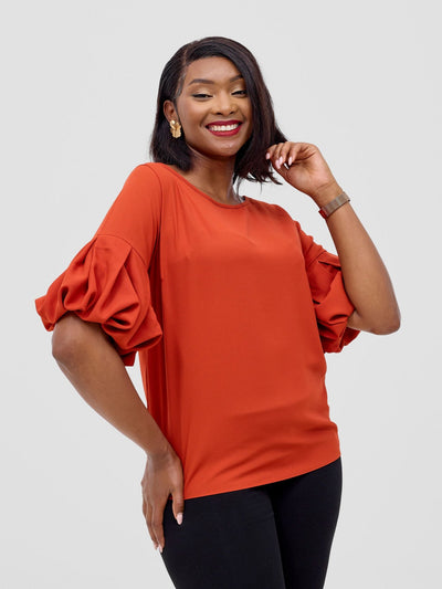 Vivo Basic Boundneck Puff Sleeve Top - Rust - Shopzetu