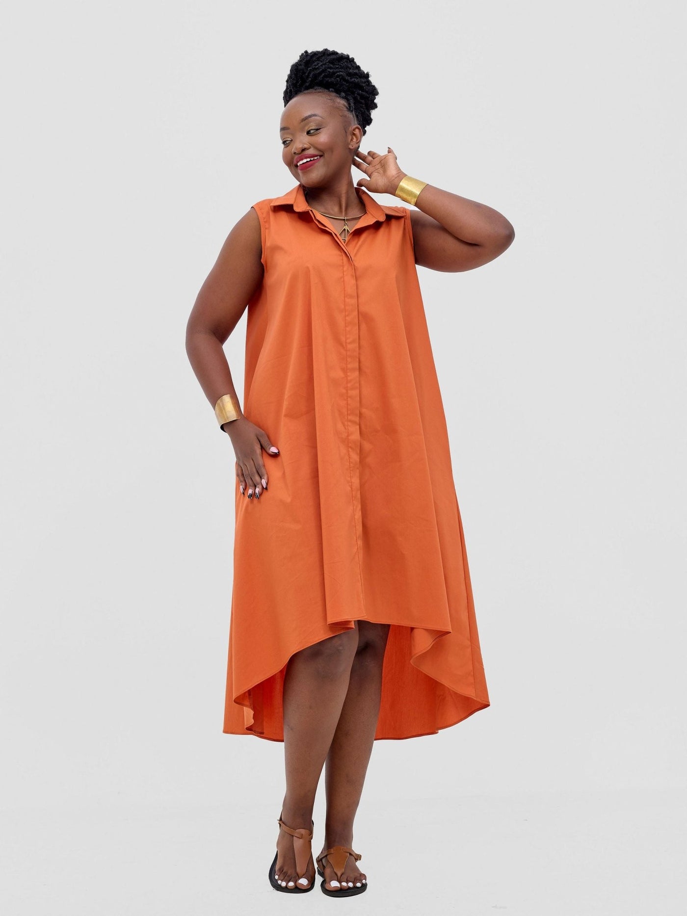 Safari Zene High Low Shirt Dress - Rust - Shopzetu