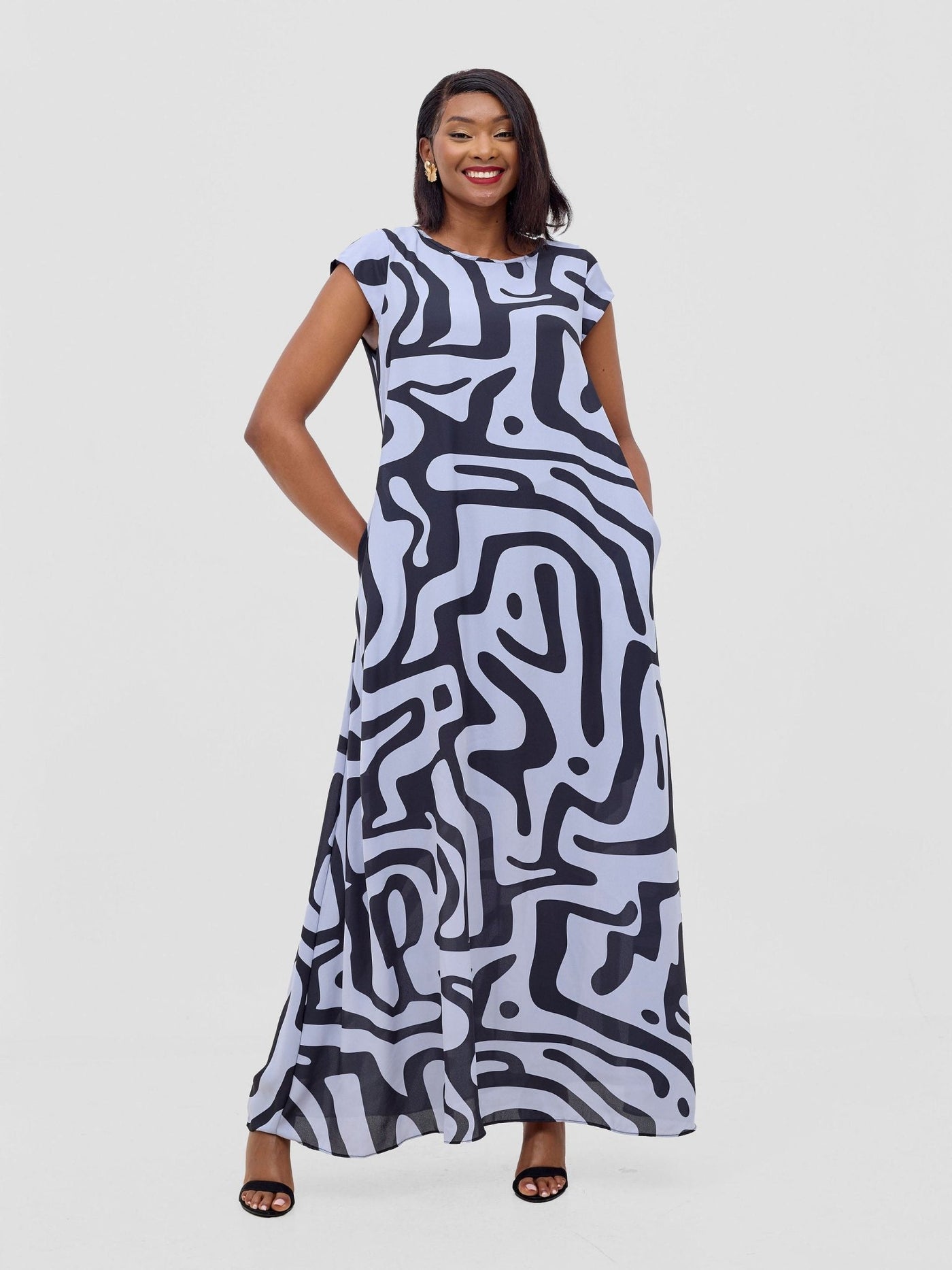 Vivo Basic Cap Sleeve Maxi Tent Dress - Grey / Black Tamra Print - Shopzetu