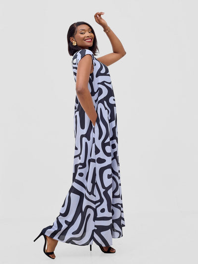 Vivo Basic Cap Sleeve Maxi Tent Dress - Grey / Black Tamra Print - Shopzetu