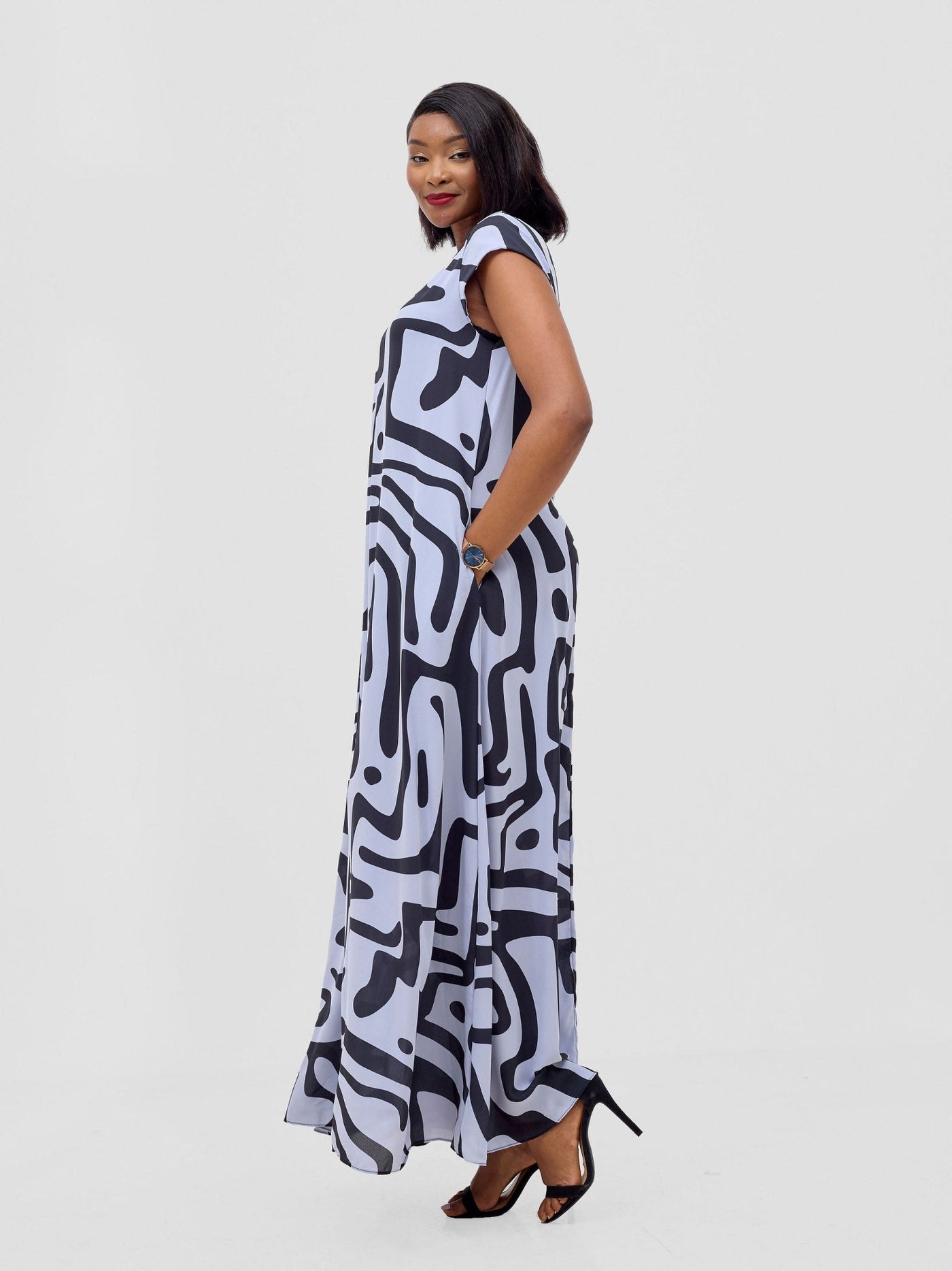 Vivo Basic Cap Sleeve Maxi Tent Dress - Grey / Black Tamra Print - Shopzetu