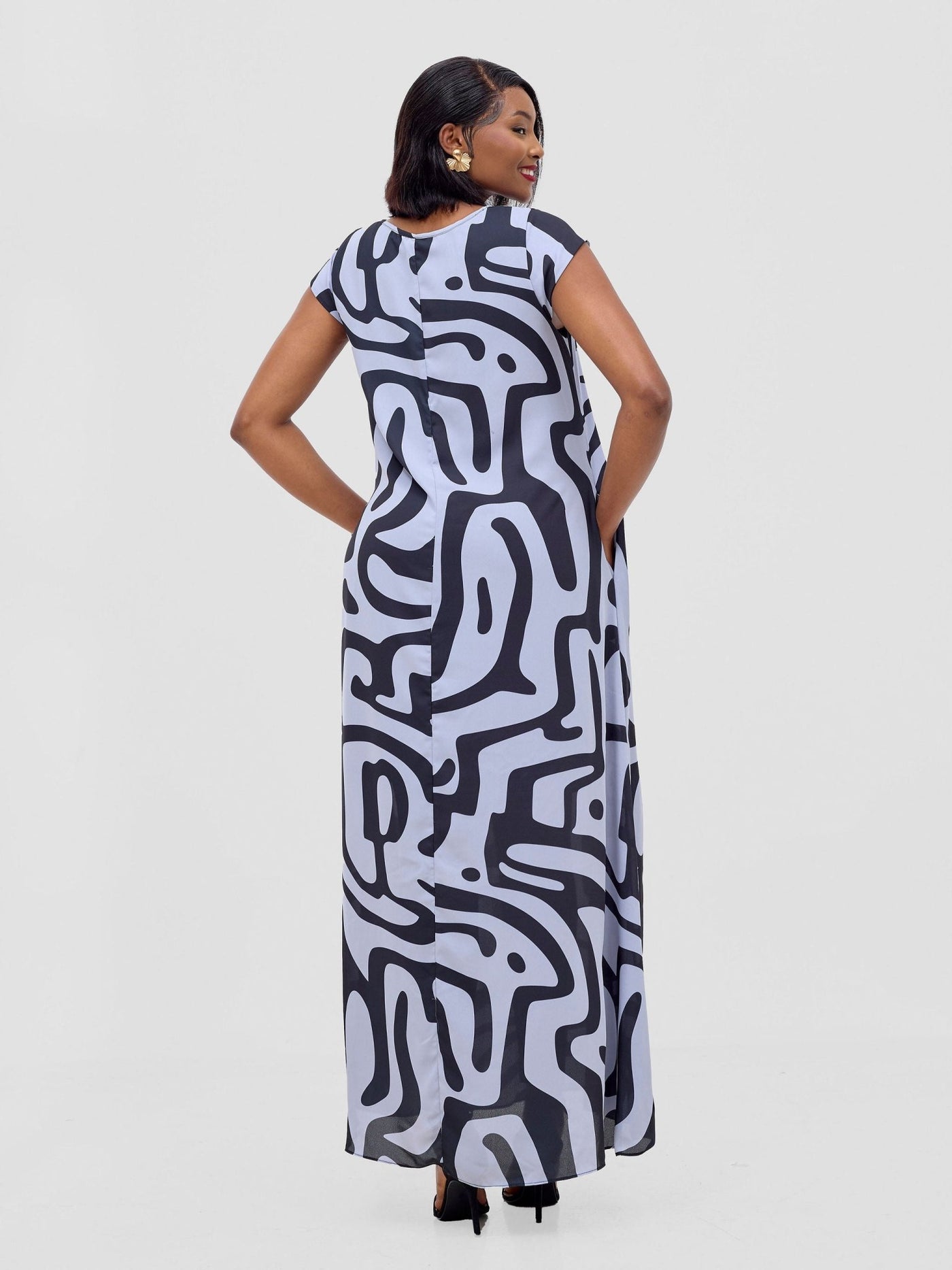 Vivo Basic Cap Sleeve Maxi Tent Dress - Grey / Black Tamra Print - Shopzetu