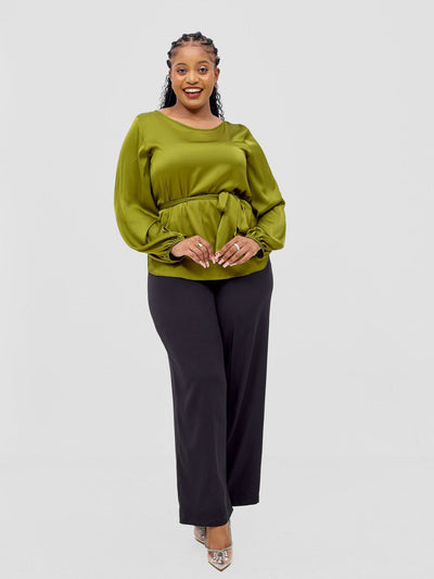 Vivo Basic Satin Bishop Sleeved Top - Olive - Shopzetu