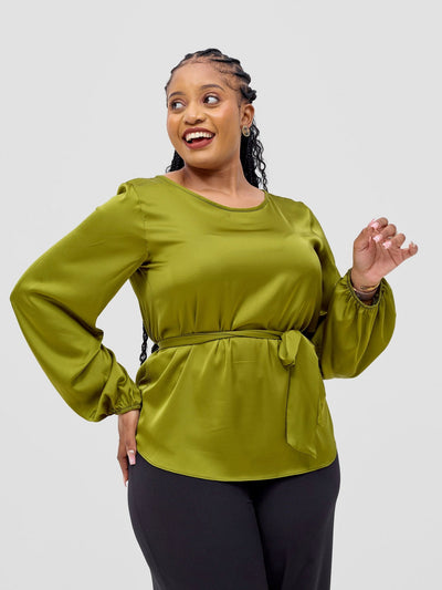 Vivo Basic Satin Bishop Sleeved Top - Olive - Shopzetu