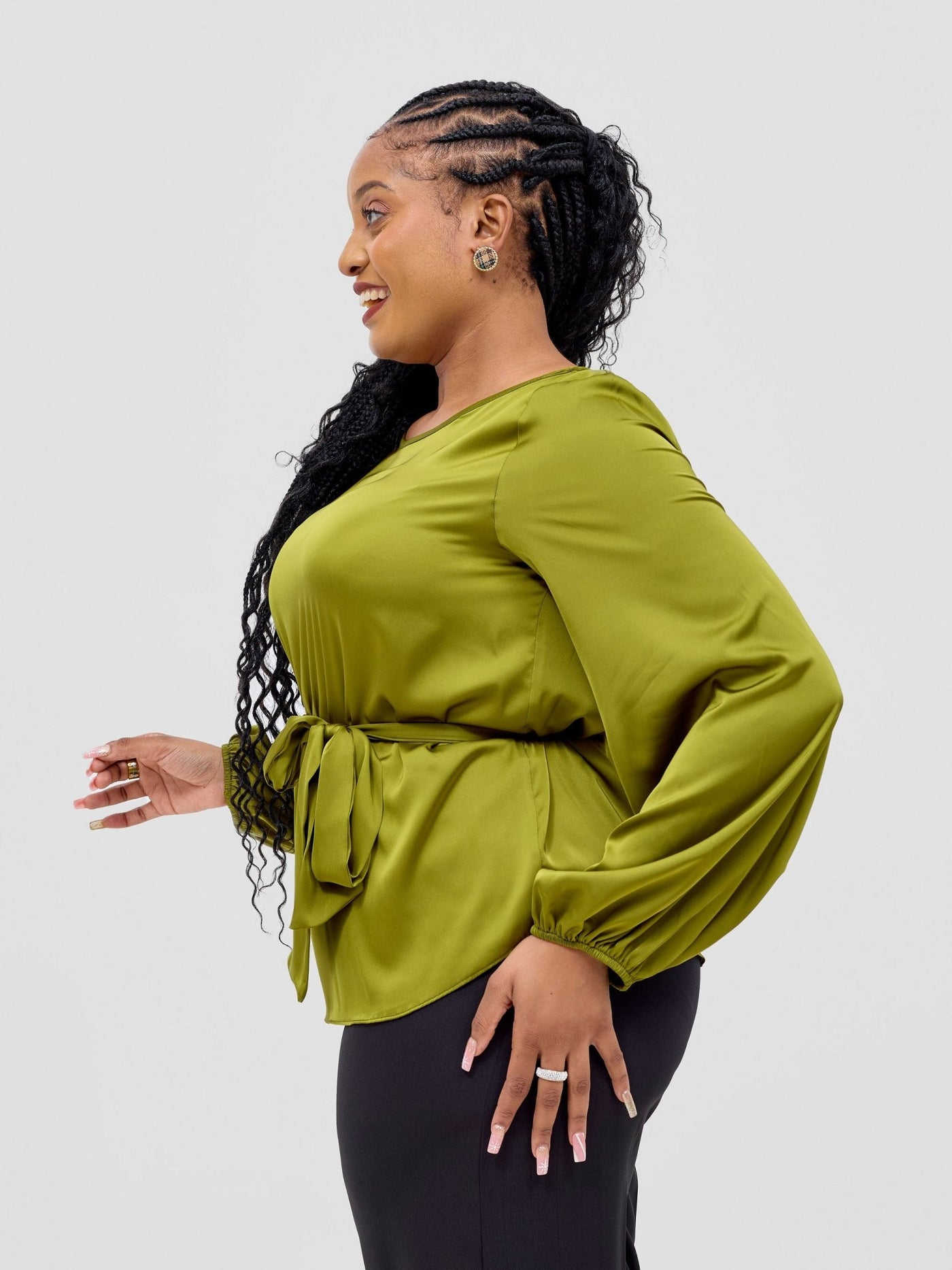 Vivo Basic Satin Bishop Sleeved Top - Olive - Shopzetu