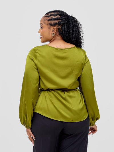 Vivo Basic Satin Bishop Sleeved Top - Olive - Shopzetu