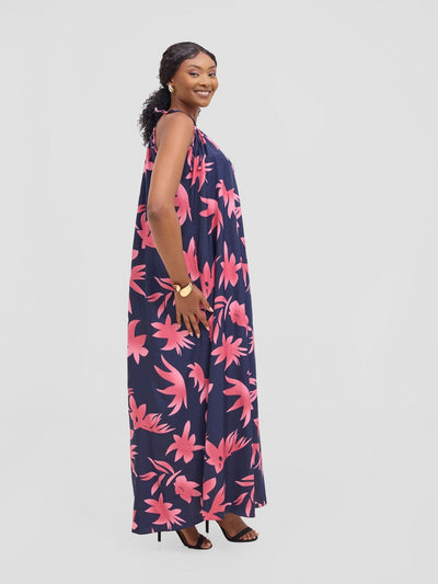 Vivo Maisha Strappy Maxi Cover Up Dress - Navy / Dusty Pink Print - Shopzetu