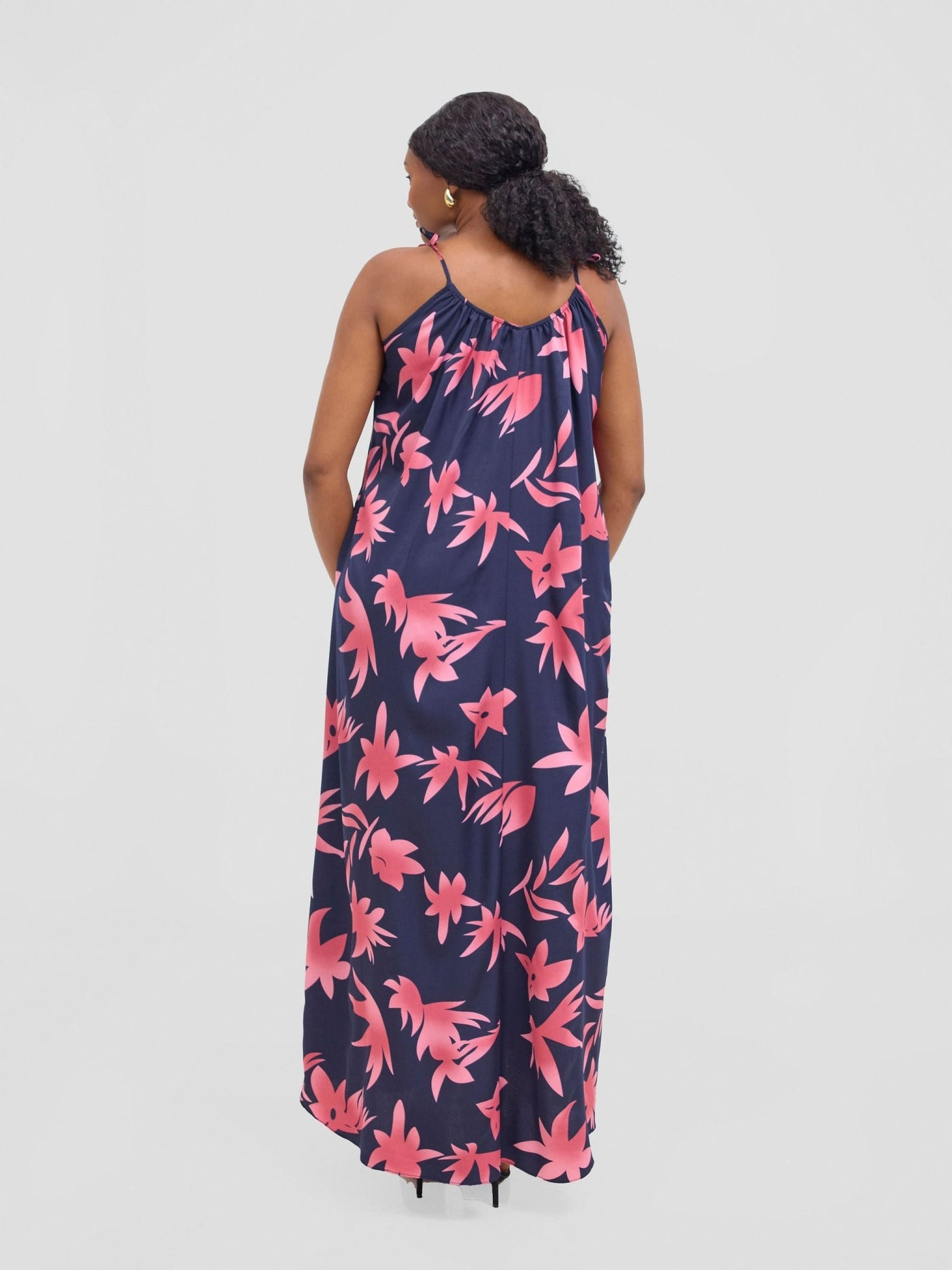 Vivo Maisha Strappy Maxi Cover Up Dress - Navy / Dusty Pink Print - Shopzetu