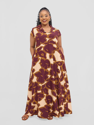 Vivo Zuri Cap Sleeved Maxi Dress - Burgundy / Rust Uri Print - Shopzetu