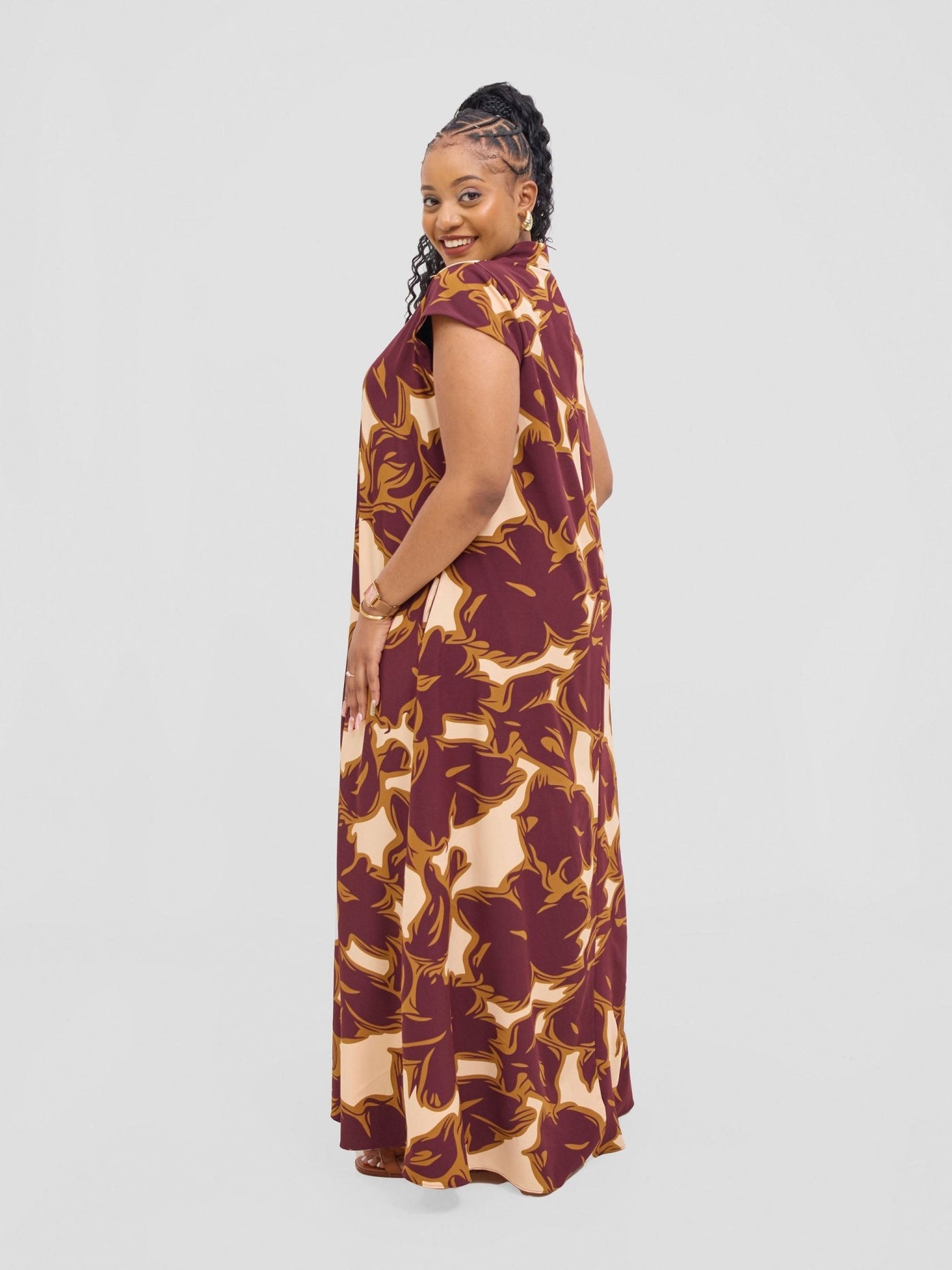 Vivo Zuri Cap Sleeved Maxi Dress - Burgundy / Rust Uri Print - Shopzetu