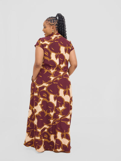 Vivo Zuri Cap Sleeved Maxi Dress - Burgundy / Rust Uri Print - Shopzetu