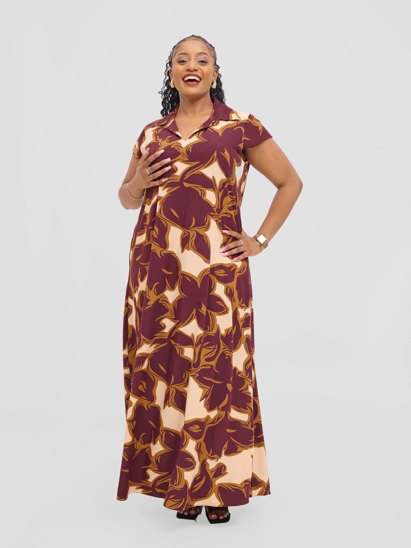 Vivo Zuri Cap Sleeved Maxi Dress - Burgundy / Rust Uri Print - Shopzetu