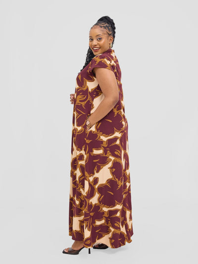 Vivo Zuri Cap Sleeved Maxi Dress - Burgundy / Rust Uri Print - Shopzetu