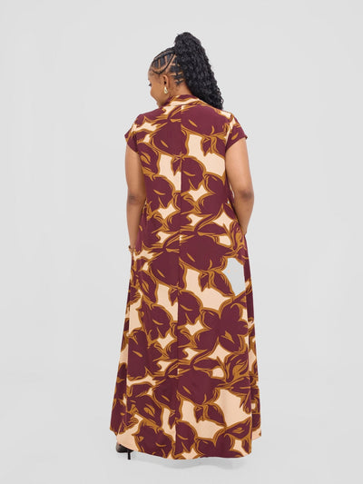 Vivo Zuri Cap Sleeved Maxi Dress - Burgundy / Rust Uri Print - Shopzetu