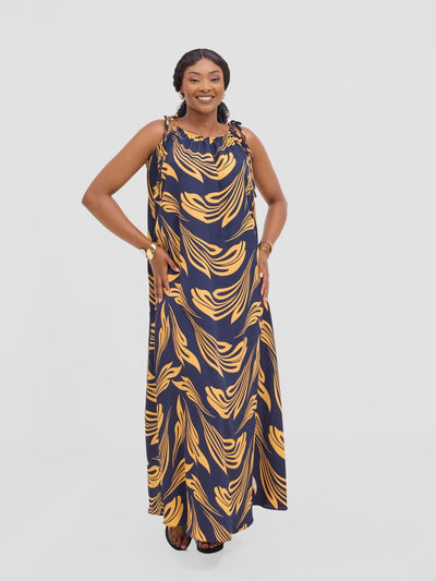 Vivo Maisha Strappy Maxi Cover Up Dress - Navy / Mustard Print - Shopzetu