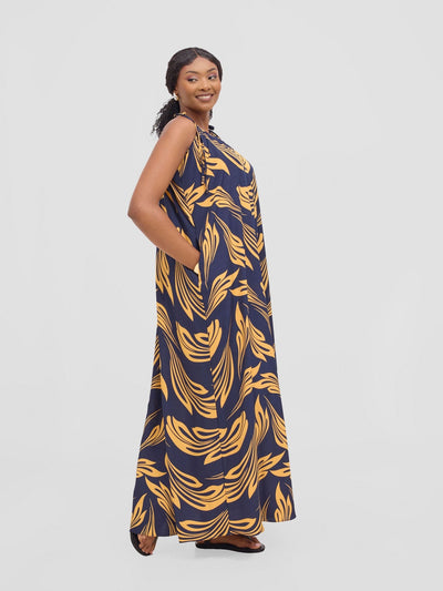 Vivo Maisha Strappy Maxi Cover Up Dress - Navy / Mustard Print - Shopzetu