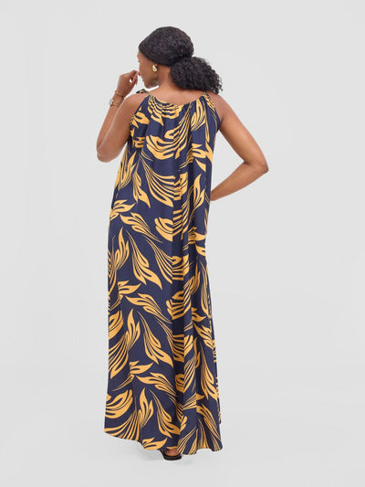 Vivo Maisha Strappy Maxi Cover Up Dress - Navy / Mustard Print - Shopzetu