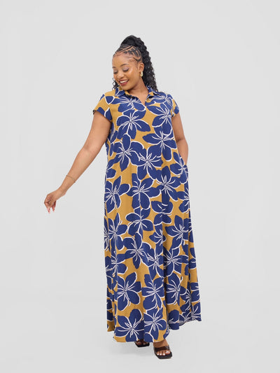 Vivo Zuri Cap Sleeved Maxi Dress - Navy / Dark Mustard Uri Print - Shopzetu