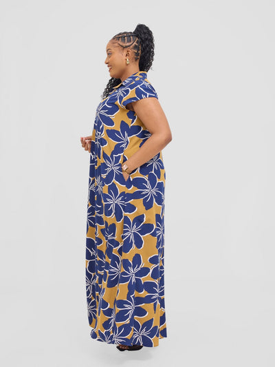 Vivo Zuri Cap Sleeved Maxi Dress - Navy / Dark Mustard Uri Print - Shopzetu